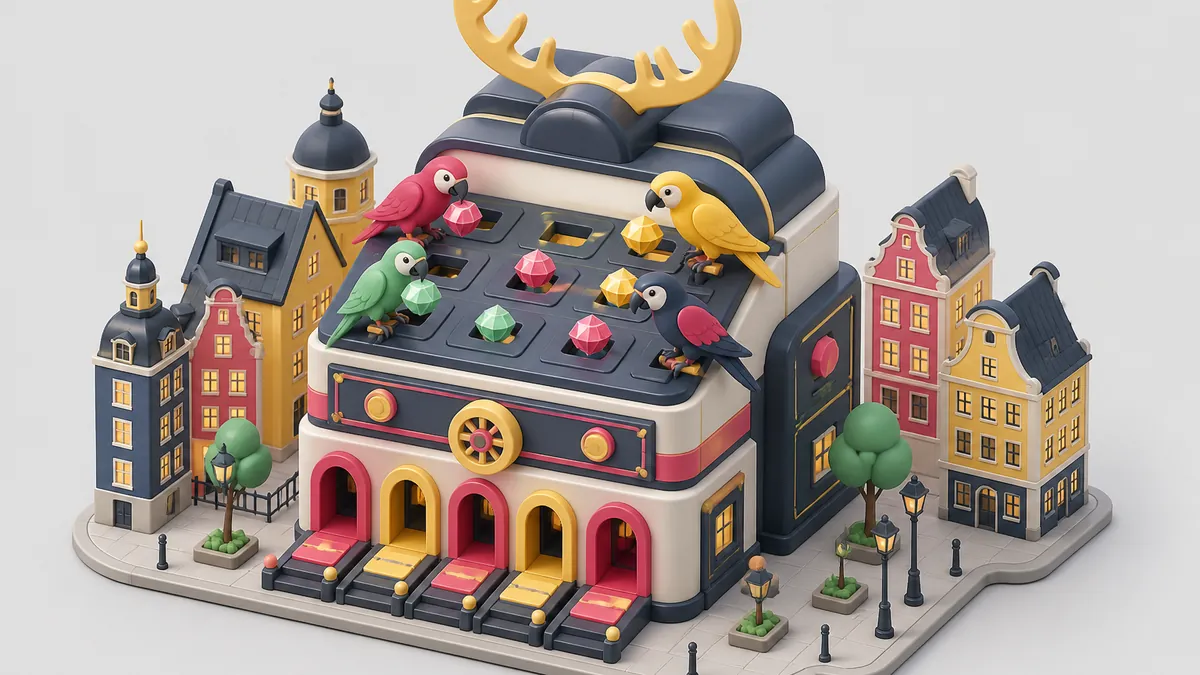 Illustration av en studio i Stockholm med papegojor som samlar ädelstenar på ett spelrutnät