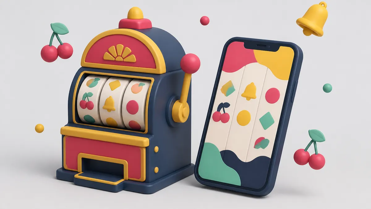 En gammal enarmad bandit bredvid en mobil med moderna rullar