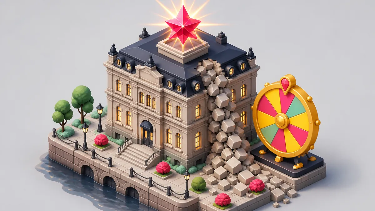 Illustration av en stenbyggnad i Stockholm med en lysande stjärna och ett jackpottjul