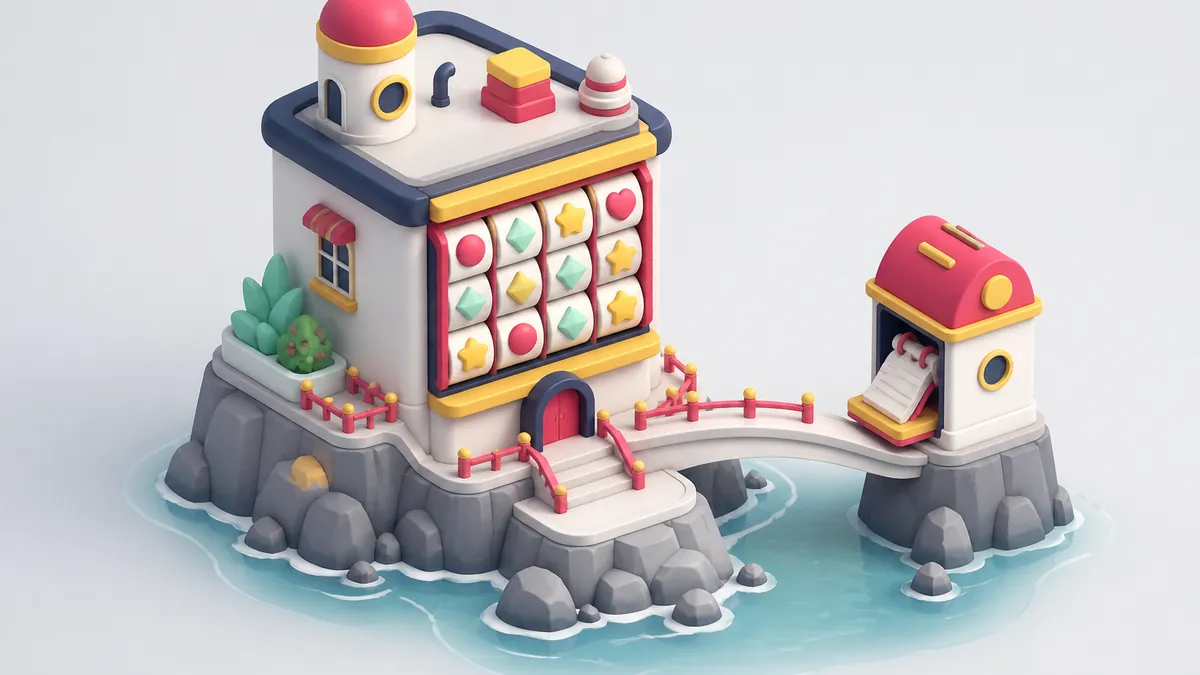 Illustration av en studiobyggnad vid havet med ett färgglatt rutnät av spelsymboler