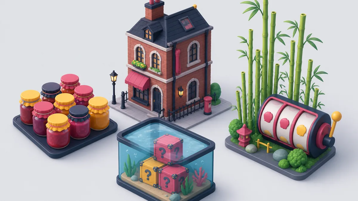 Illustration av en spelstudio med syltburkar, bambu och automatrullar