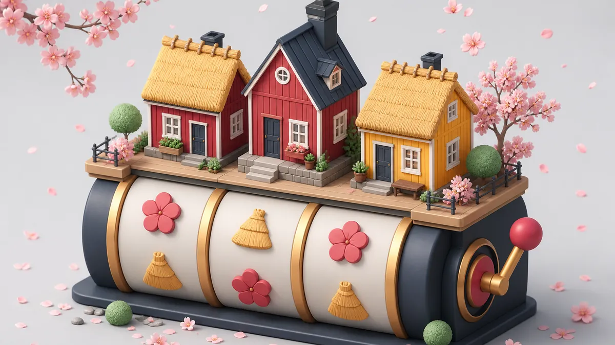Illustration av tre små hus och körsbärsblommor ovanpå automatrullar