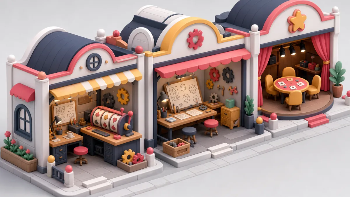 Illustration av en gata med små spelstudior där hjul, kugghjul och spelbord byggs