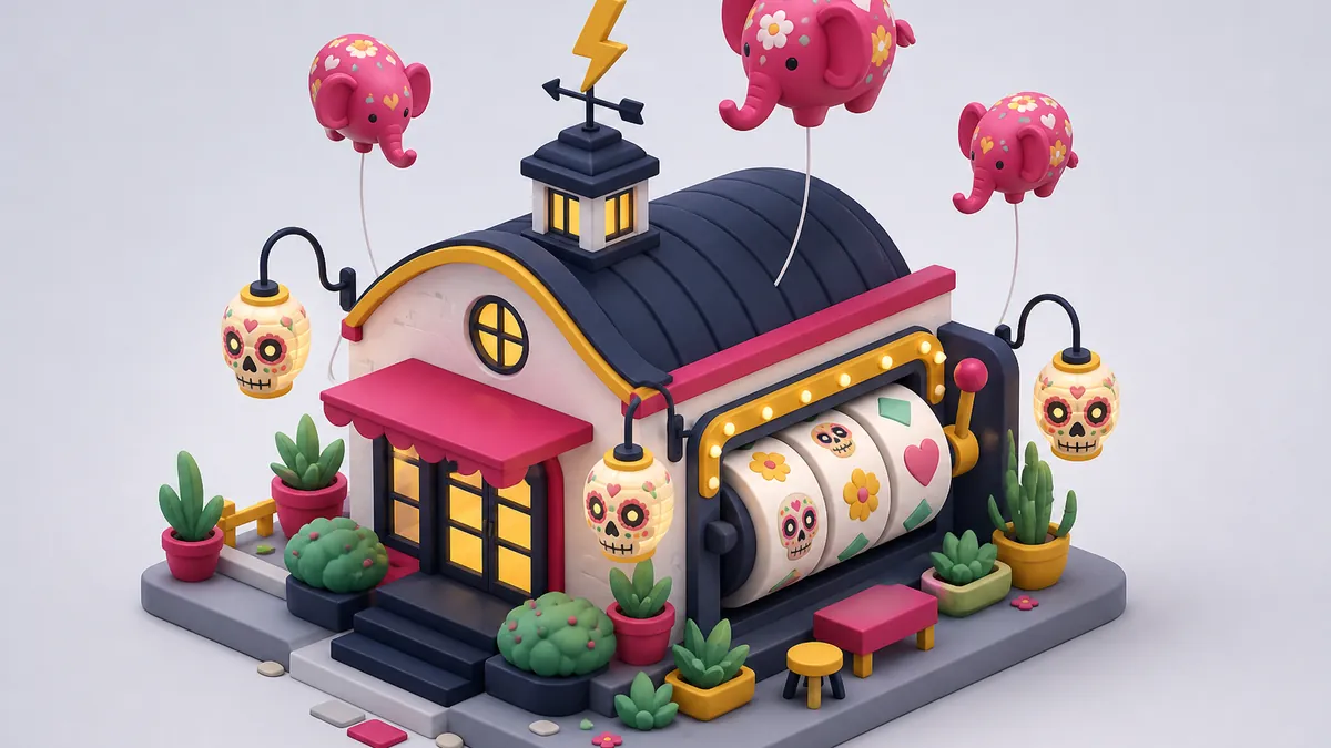 Illustration av en spelstudio med blixt, dödskallelyktor och rosa elefantballonger